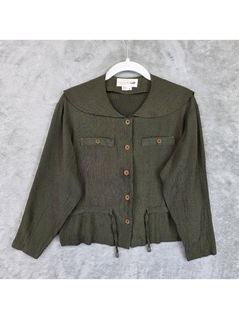 Crocodile Blouse Womens 36 Green Collared Long Sleeve Button Front Drawstring
